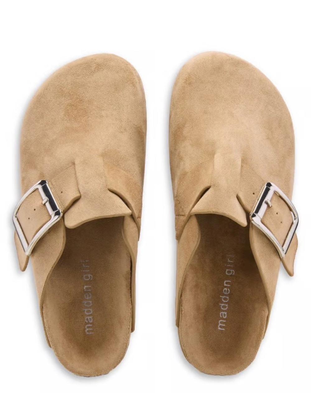 Madden Girl Tan Suede Slip-On Platform Clogs with Silver Buckle